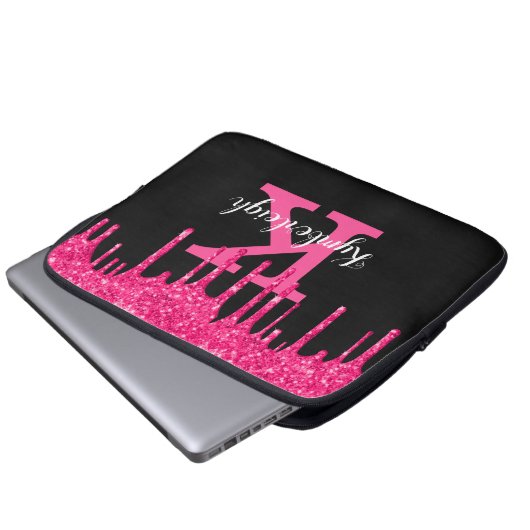 Girly Black Hot Pink Glitter Drift Monogram Naam Laptop Sleeve