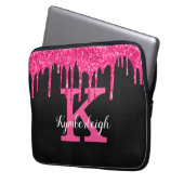 Girly Black Hot Pink Glitter Drift Monogram Naam Laptop Sleeve (Voorkant Links)