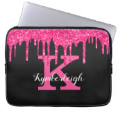 Girly Black Hot Pink Glitter Drift Monogram Naam Laptop Sleeve (Voorkant)