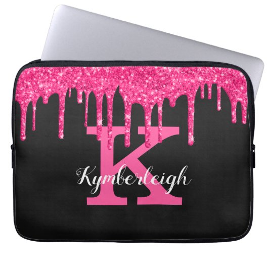 Girly Black Hot Pink Glitter Drift Monogram Naam Laptop Sleeve (Voorkant)