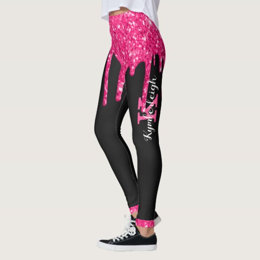 Girly Black Hot Pink Glitter Drift Monogram Naam Leggings (Links)