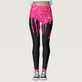 Girly Black Hot Pink Glitter Drift Monogram Naam Leggings (Voorkant)