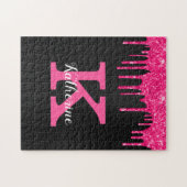 Girly Black Hot Pink Glitter Drift Monogram Naam Legpuzzel (Horizontaal)