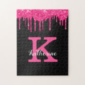 Girly Black Hot Pink Glitter Drift Monogram Naam Legpuzzel (Verticaal)