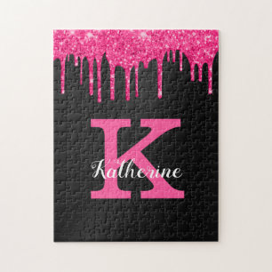 Girly Black Hot Pink Glitter Drift Monogram Naam Legpuzzel