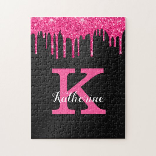Girly Black Hot Pink Glitter Drift Monogram Naam Legpuzzel (Verticaal)