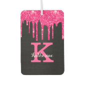 Girly Black Hot Pink Glitter Drift Monogram Naam Luchtverfrisser (Voorkant)