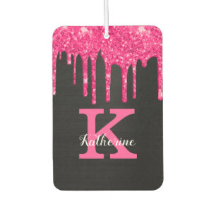 Girly Black Hot Pink Glitter Drift Monogram Naam Luchtverfrisser