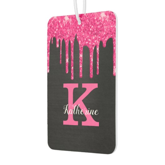 Girly Black Hot Pink Glitter Drift Monogram Naam Luchtverfrisser (Links)