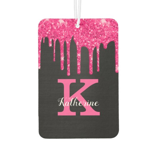 Girly Black Hot Pink Glitter Drift Monogram Naam Luchtverfrisser (Achterkant)