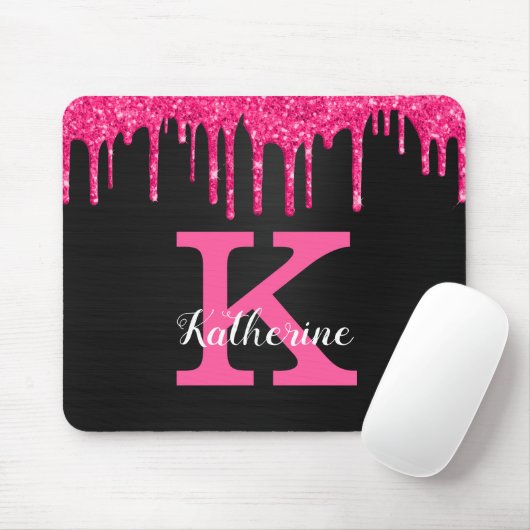 Girly Black Hot Pink Glitter Drift Monogram Naam Muismat (Met muis)