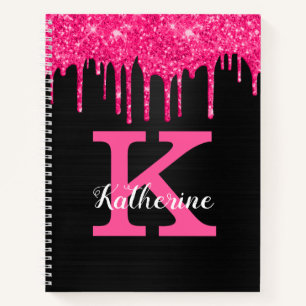 Girly Black Hot Pink Glitter Drift Monogram Naam Notitieboek