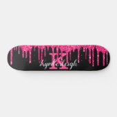 Girly Black Hot Pink Glitter Drift Monogram Naam Persoonlijk Skateboard (Horizontaal)