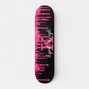 Girly Black Hot Pink Glitter Drift Monogram Naam Persoonlijk Skateboard