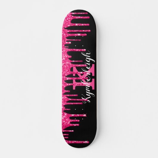 Girly Black Hot Pink Glitter Drift Monogram Naam Persoonlijk Skateboard (Voorkant)