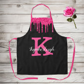 Girly Black Hot Pink Glitter Drift Monogram Naam Schort