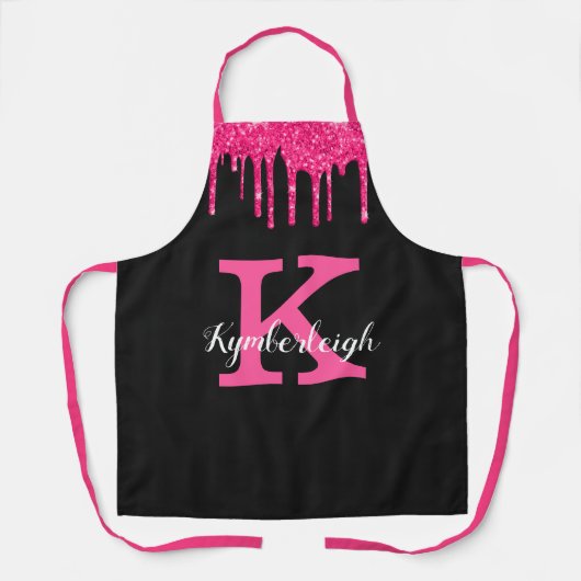 Girly Black Hot Pink Glitter Drift Monogram Naam Schort (Voorkant)