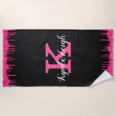 Girly Black Hot Pink Glitter Drift Monogram Naam Strandlaken (Voorkant)