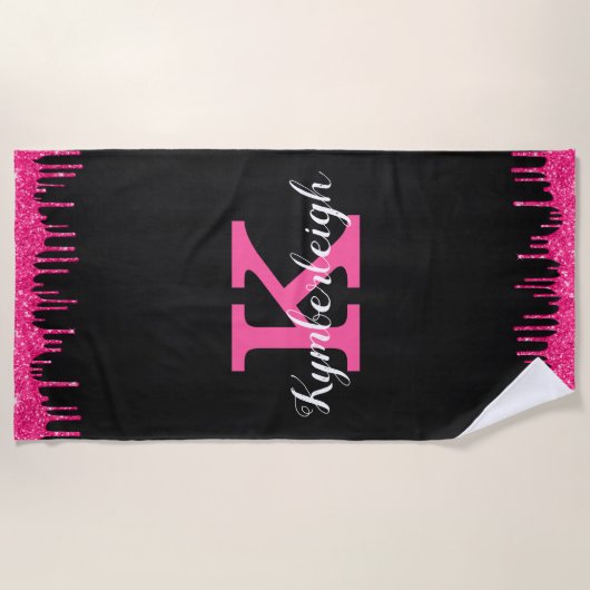 Girly Black Hot Pink Glitter Drift Monogram Naam Strandlaken (Voorkant)