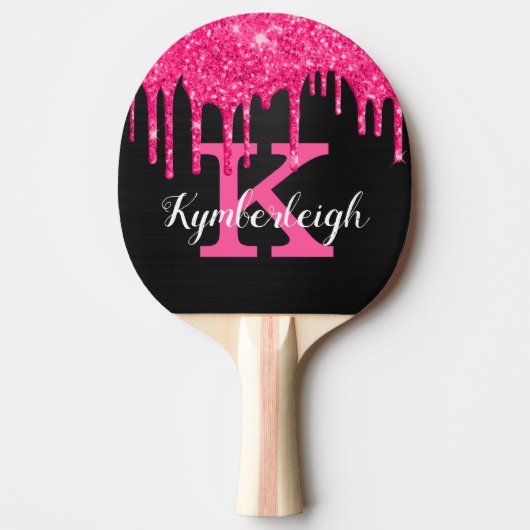 Girly Black Hot Pink Glitter Drift Monogram Naam Tafeltennisbatje (Voorkant)