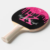Girly Black Hot Pink Glitter Drift Monogram Naam Tafeltennisbatje (Voorkant Gekanteld)