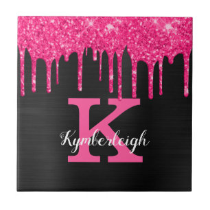 Girly Black Hot Pink Glitter Drift Monogram Naam Tegeltje