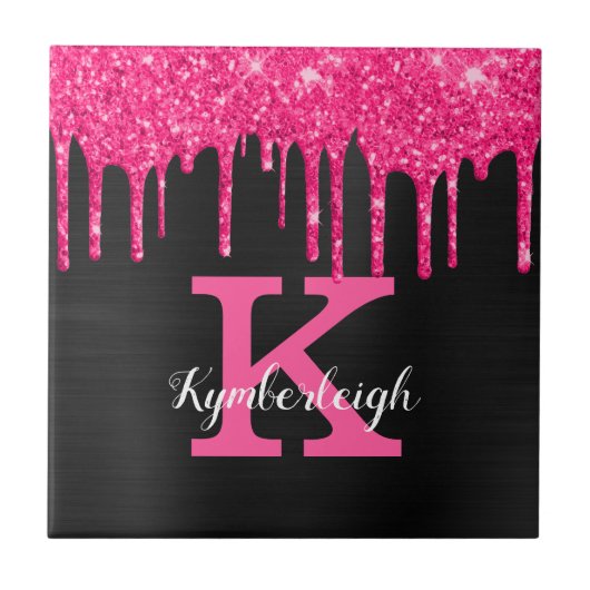 Girly Black Hot Pink Glitter Drift Monogram Naam Tegeltje (Voorkant)