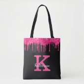 Girly Black Hot Pink Glitter Drift Monogram Naam Tote Bag (Voorkant)