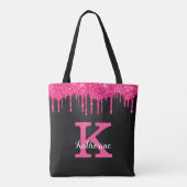 Girly Black Hot Pink Glitter Drift Monogram Naam Tote Bag (Achterkant)