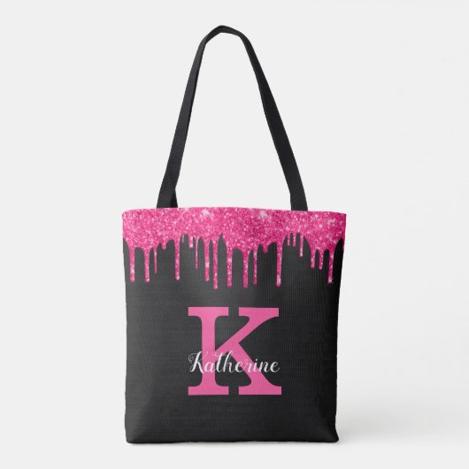 Girly Black Hot Pink Glitter Drift Monogram Naam Tote Bag (Achterkant)