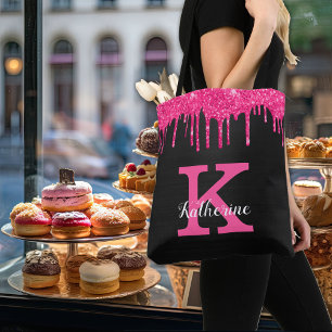 Girly Black Hot Pink Glitter Drift Monogram Naam Tote Bag
