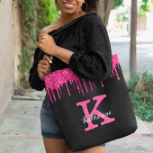 Girly Black Hot Pink Glitter Drift Monogram Naam Tote Bag