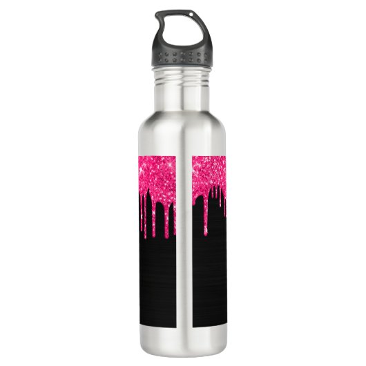 Girly Black Hot Pink Glitter Drift Monogram Naam Waterfles (Achterkant)
