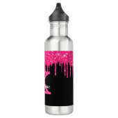 Girly Black Hot Pink Glitter Drift Monogram Naam Waterfles (Rechts)