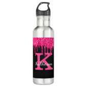 Girly Black Hot Pink Glitter Drift Monogram Naam Waterfles (Voorkant)