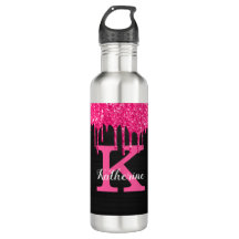Girly Black Hot Pink Glitter Drift Monogram Naam