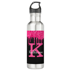 Girly Black Hot Pink Glitter Drift Monogram Naam Waterfles