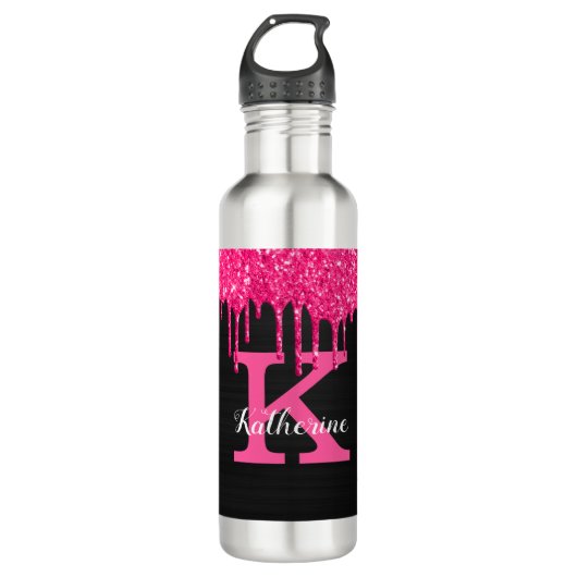 Girly Black Hot Pink Glitter Drift Monogram Naam Waterfles (Voorkant)