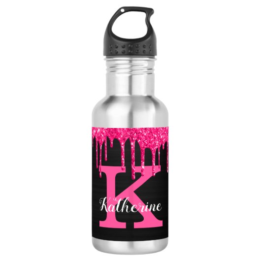 Girly Black Hot Pink Glitter Drift Monogram Naam Waterfles (Voorkant)