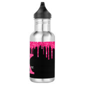 Girly Black Hot Pink Glitter Drift Monogram Naam Waterfles (Rechts)