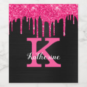 Girly Black Hot Pink Glitter Drift Monogram Naam Wijn Etiket (Enkel label)