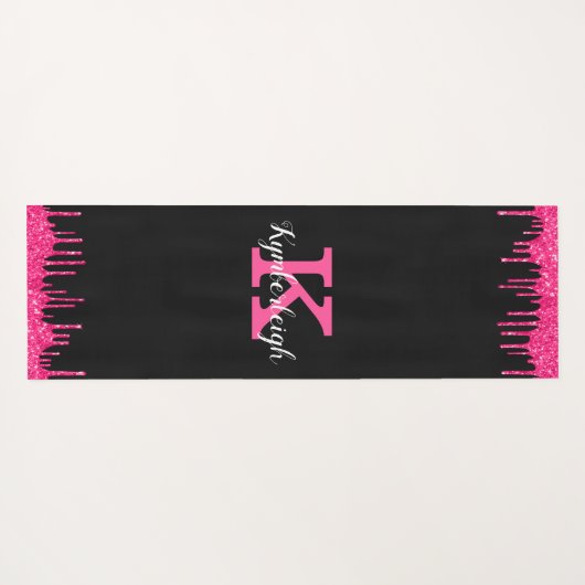 Girly Black Hot Pink Glitter Drift Monogram Naam Yogamat (Achterkant (horizontaal))