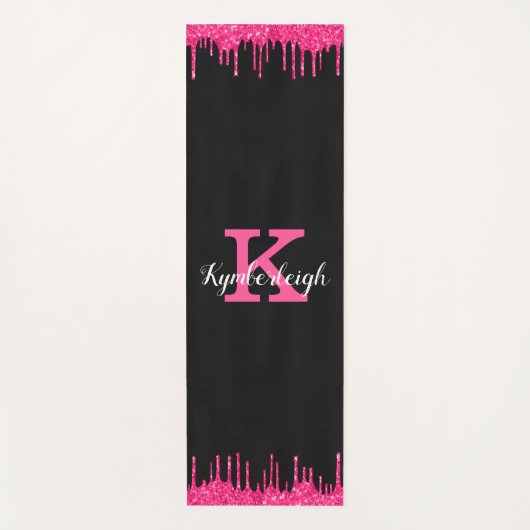 Girly Black Hot Pink Glitter Drift Monogram Naam Yogamat (Voorkant)