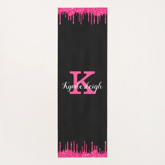 Girly Black Hot Pink Glitter Drift Monogram Naam Yogamat (Achterkant)
