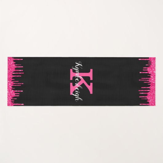 Girly Black Hot Pink Glitter Drift Monogram Naam Yogamat (Voorkant (horizontaal))