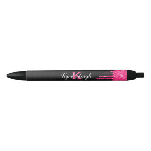 Girly Black Hot Pink Glitter Drift Monogram Naam Zwarte Inkt Pen