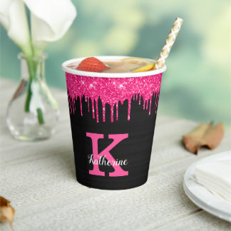 Girly Black Hot Pink Glitter Drift Monogram Papieren Bekers
