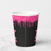 Girly Black Hot Pink Glitter Drift Monogram Papieren Bekers (Rechts)