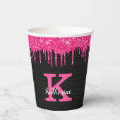 Girly Black Hot Pink Glitter Drift Monogram Papieren Bekers (Voorkant)