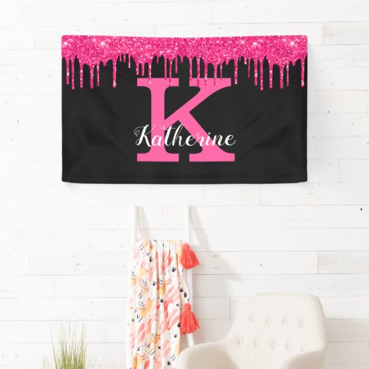 Girly Black Hot Pink Glitter Drift Monogram Spandoek (Insitu)